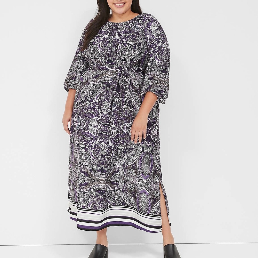 New Lane Bryant Purple Paisley 3/4 Sleeve Belted Satin‎ Maxi Dress Size 14